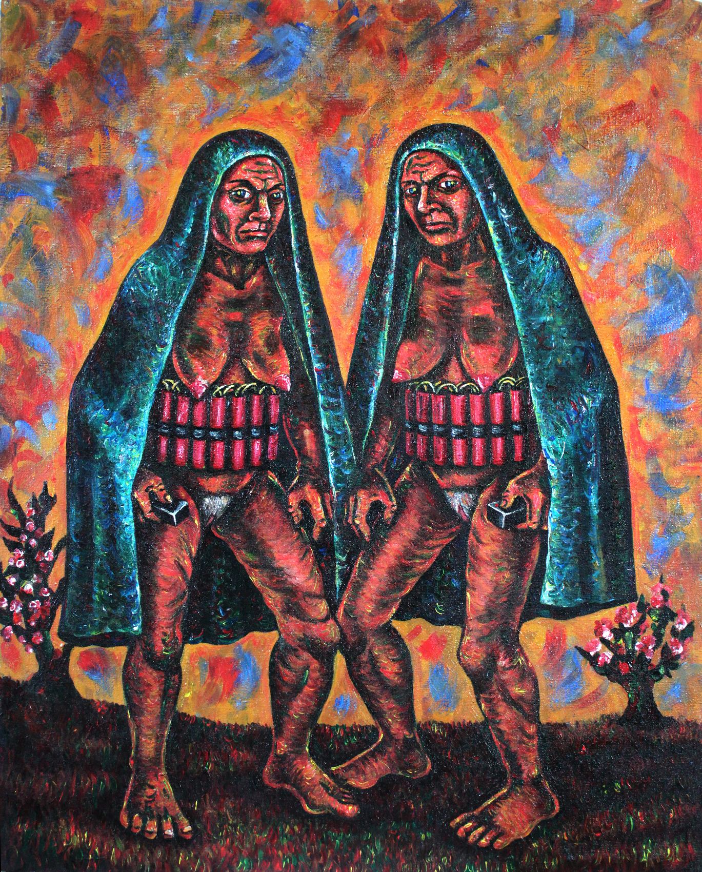 Les Sœurs Dynamite, acrylique sur toile d'Anne van der Linden, 2014